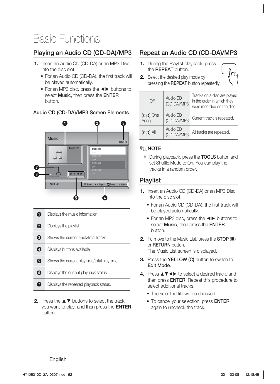 Basic functions, Playing an audio cd (cd-da)/mp3, Repeat an audio cd (cd-da)/mp3 | Playlist | Samsung HT-D5210C User Manual | Page 52 / 78