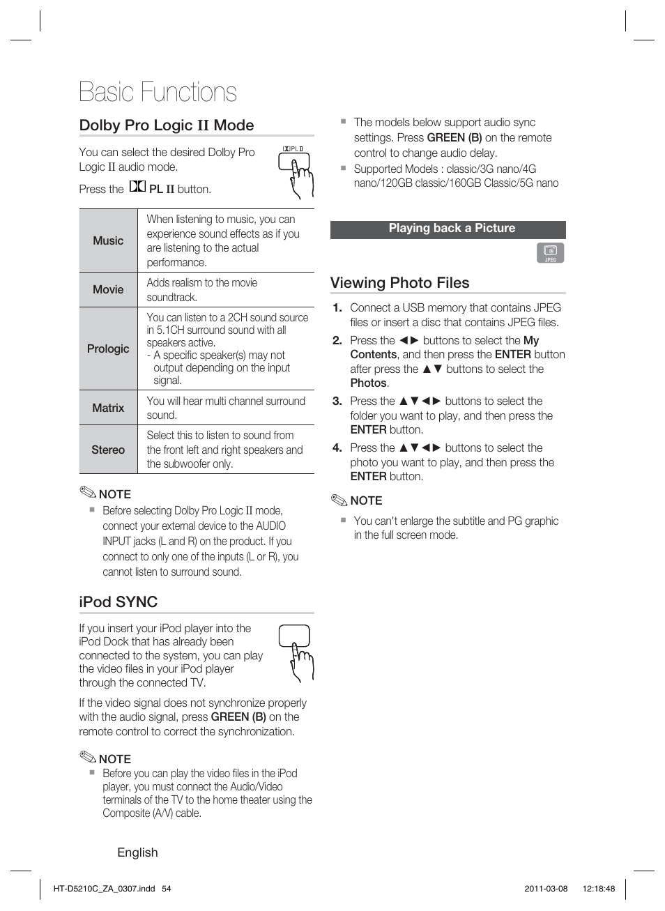 Playing back a picture, Basic functions | Samsung HT-D5210C User Manual | Page 54 / 78