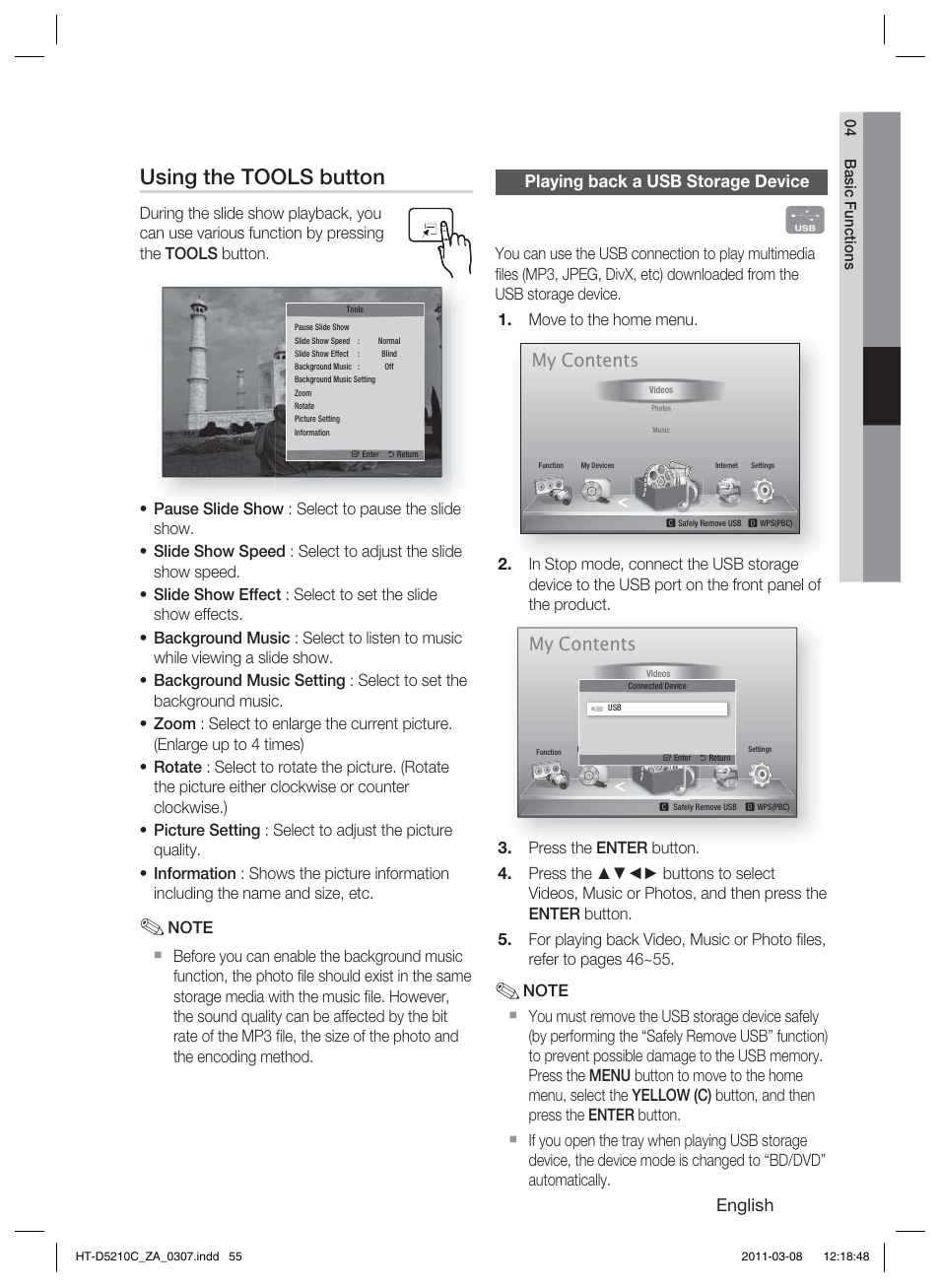 Playing back a usb storage device, Using the tools button, My contents | Samsung HT-D5210C User Manual | Page 55 / 78