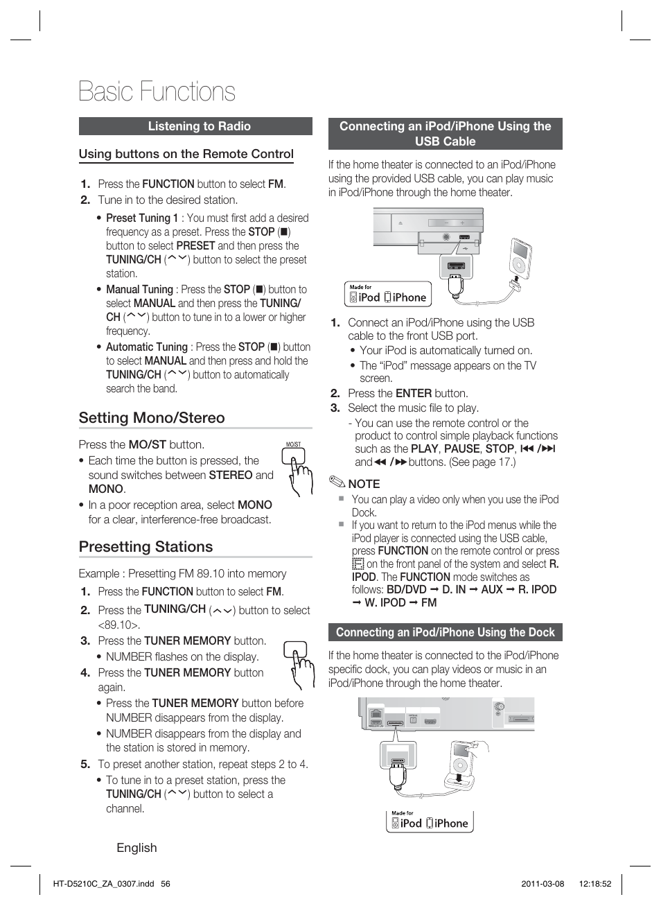 Listening to radio, Connecting an ipod/iphone using theusb cable, Connecting an ipod/iphone using the dock | Basic functions, Setting mono/stereo, Presetting stations | Samsung HT-D5210C User Manual | Page 56 / 78