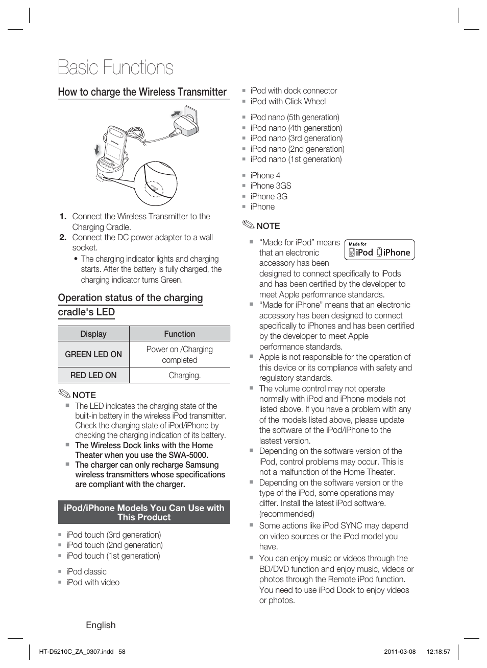 Basic functions, How to charge the wireless transmitter | Samsung HT-D5210C User Manual | Page 58 / 78