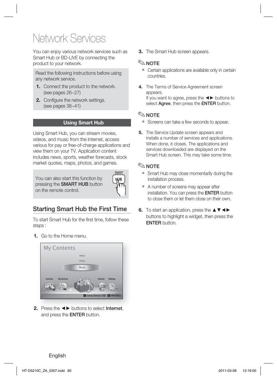 Network services, Using smart hub, Starting smart hub the first time | Samsung HT-D5210C User Manual | Page 60 / 78