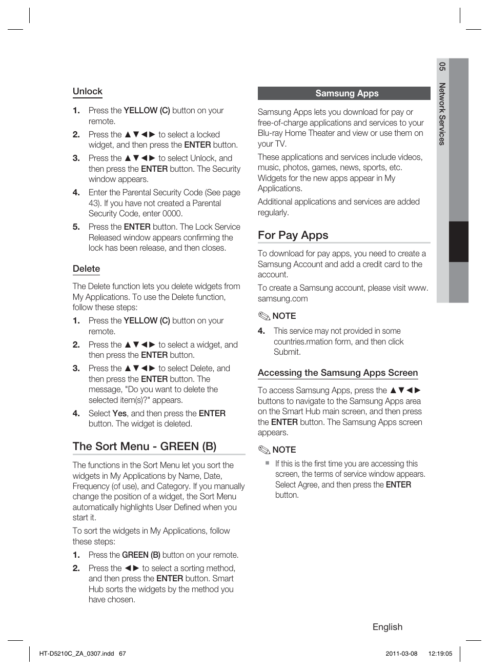 Samsung apps, The sort menu - green (b), For pay apps | Samsung HT-D5210C User Manual | Page 67 / 78