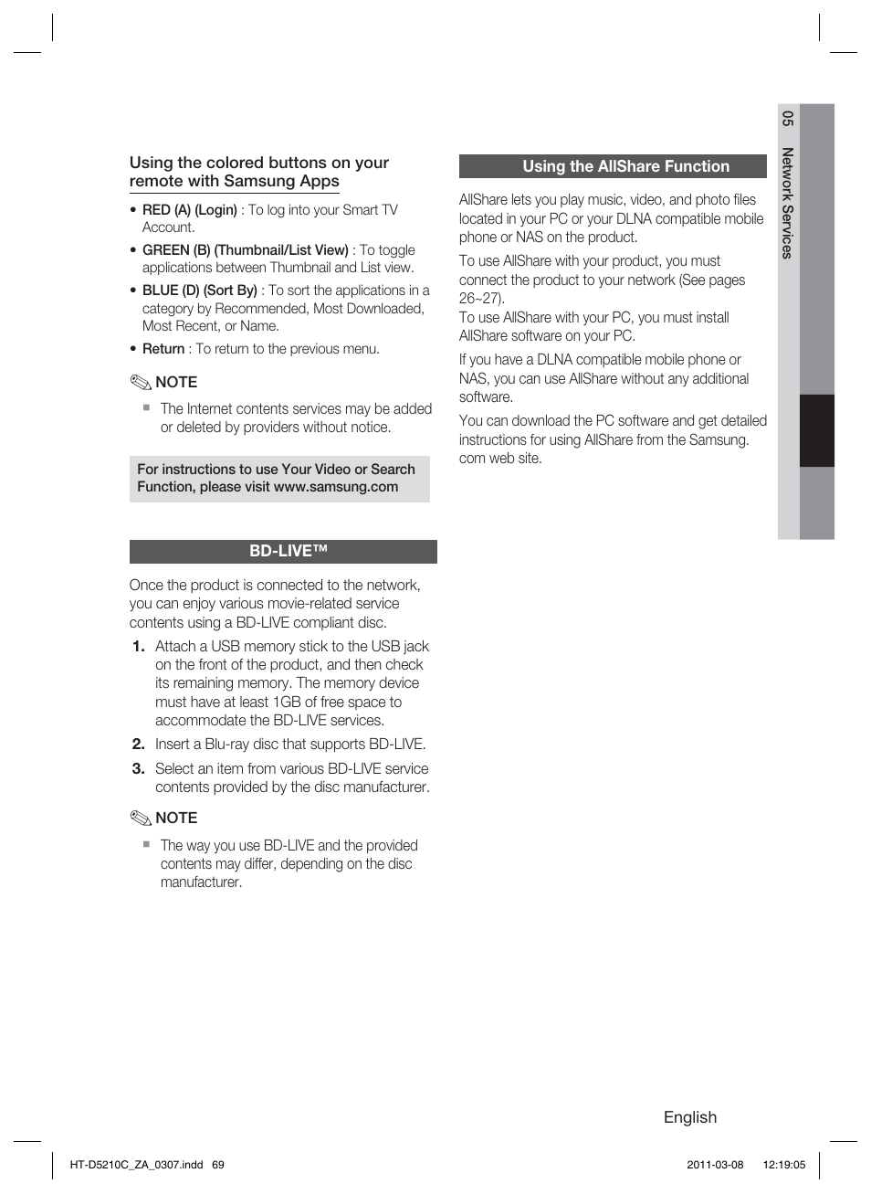 Bd-live, Using the allshare function | Samsung HT-D5210C User Manual | Page 69 / 78
