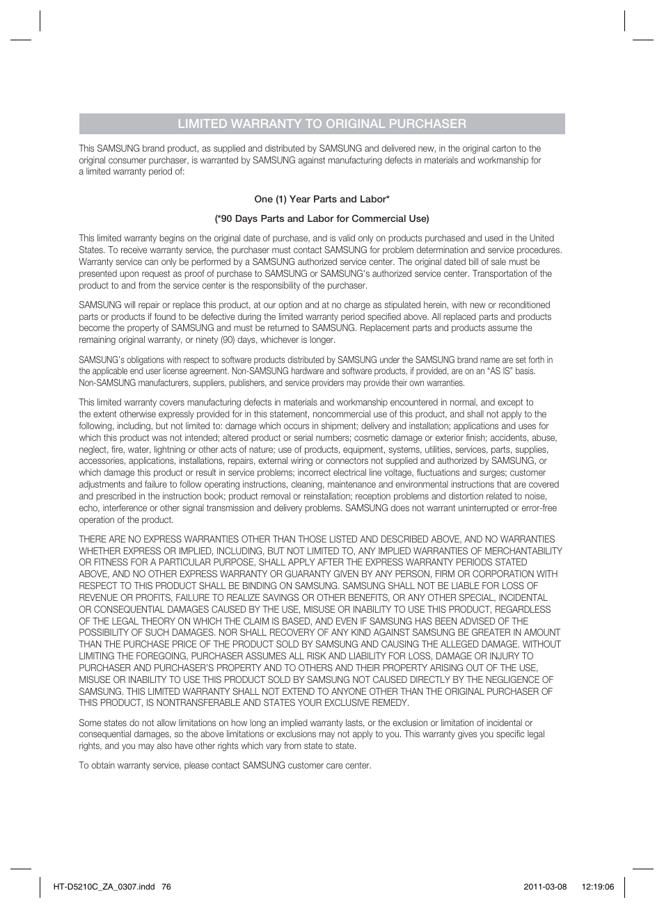 Limited warranty to original purchaser | Samsung HT-D5210C User Manual | Page 76 / 78