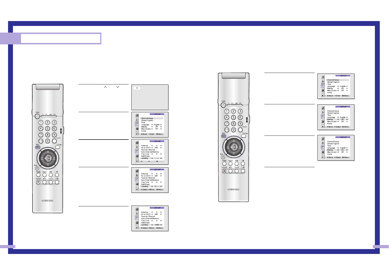Operation, Setting the on/off melody, Labeling the channels | Samsung Tantus HLM 437W User Manual | Page 19 / 46