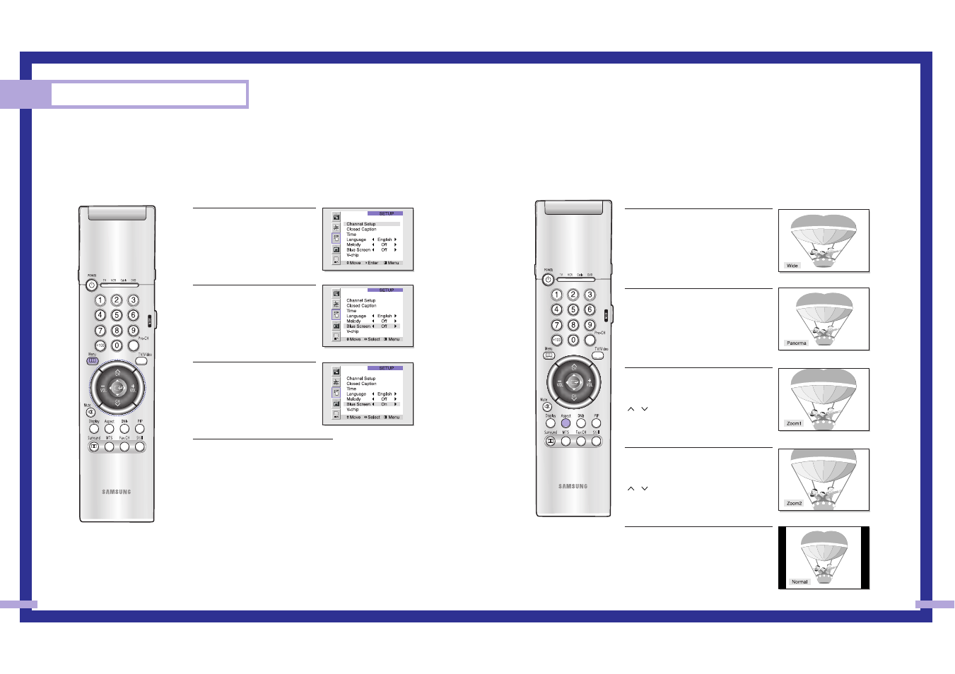 Special features, Changing the screen size, Setting the blue screen mode | Samsung Tantus HLM 437W User Manual | Page 29 / 46