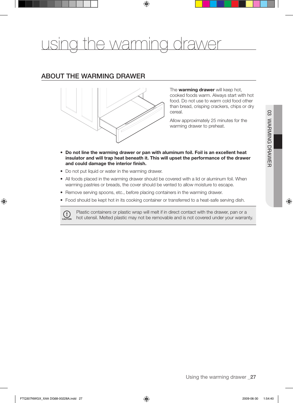 Using the warming drawer, About the warming drawer | Samsung FTQ307 User Manual | Page 27 / 68