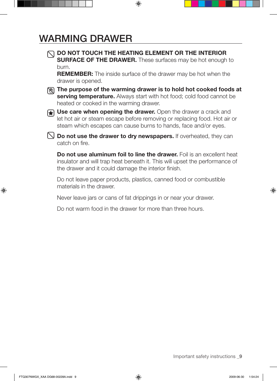 Warming drawer | Samsung FTQ307 User Manual | Page 9 / 68
