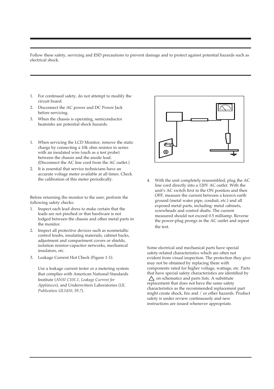 1 precautions, 1 safety precautions, 1-1 warnings | 1-2 servicing the lcd monitor, 1-3 fire and shock hazard, 1-4 product safety notices, Figure 1-1. leakage current test circuit | Samsung 330TFT User Manual | Page 3 / 52