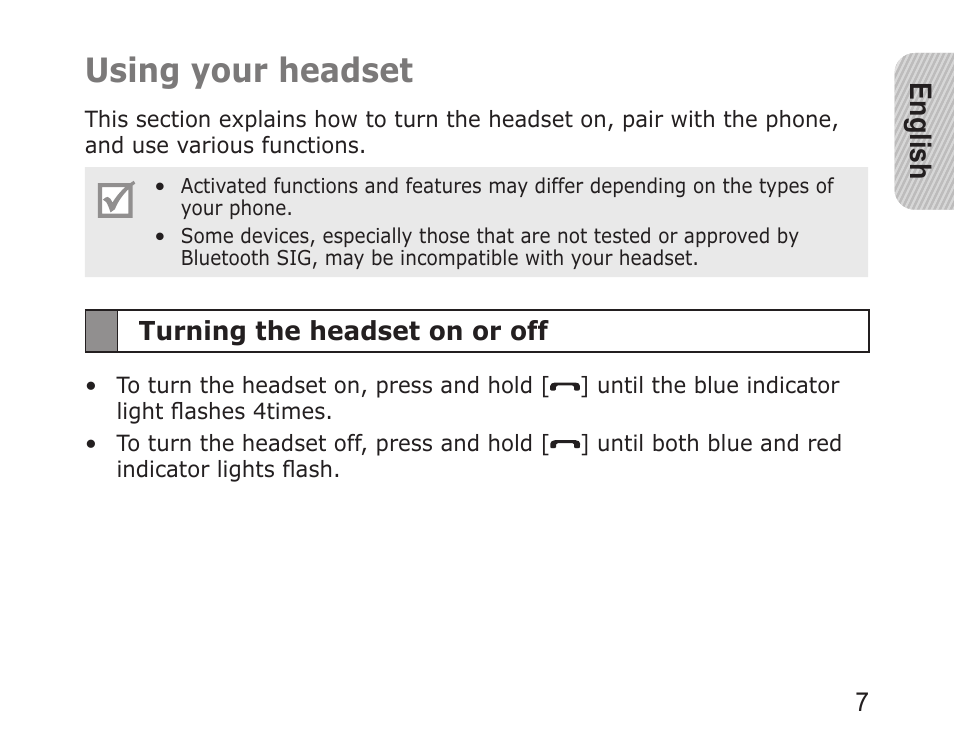 Using your headset, English | Samsung WEP750 User Manual | Page 10 / 19