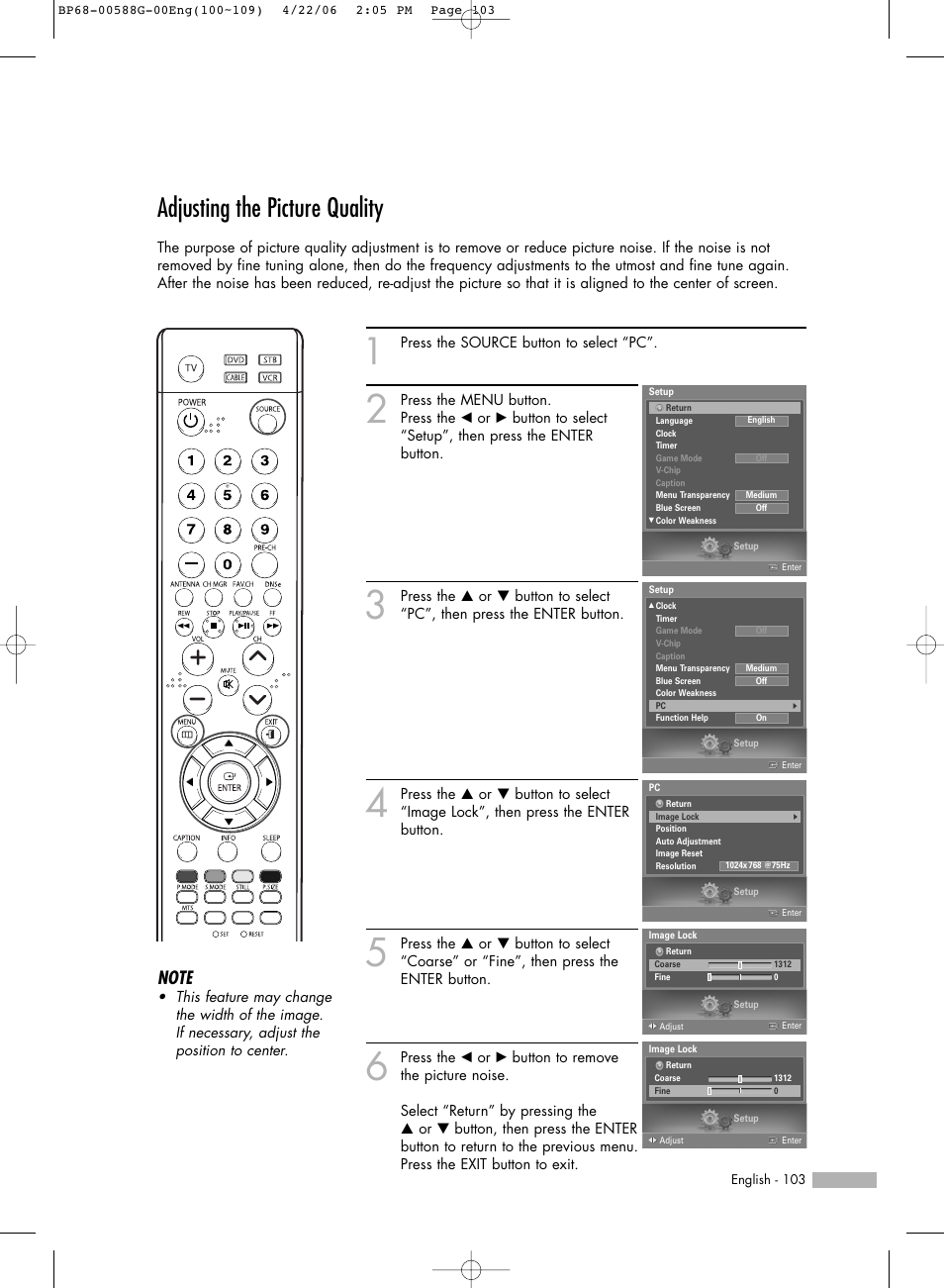 Adjusting the picture quality | Samsung HL-S6167W User Manual | Page 103 / 116