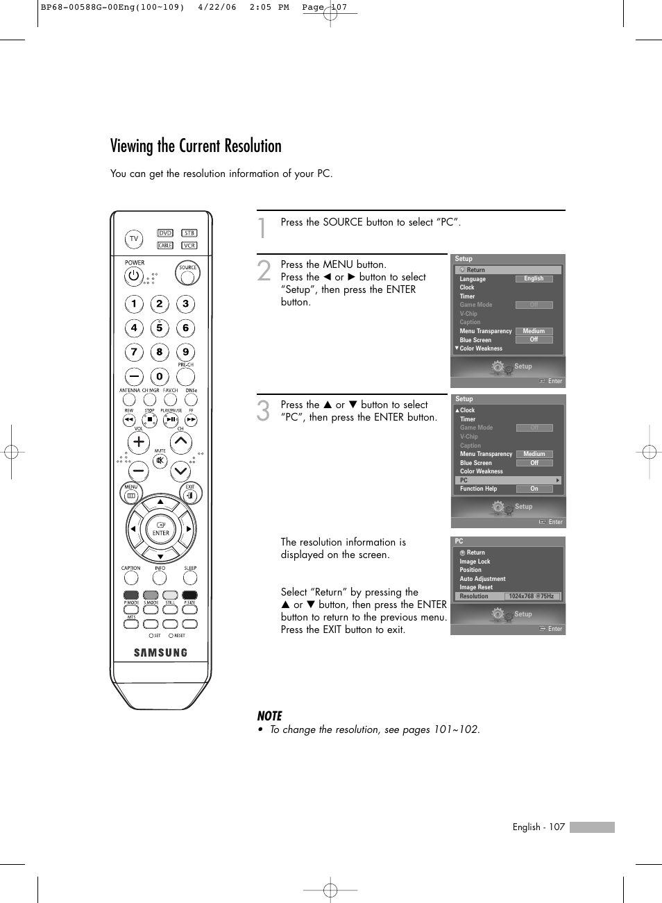 Viewing the current resolution | Samsung HL-S6167W User Manual | Page 107 / 116