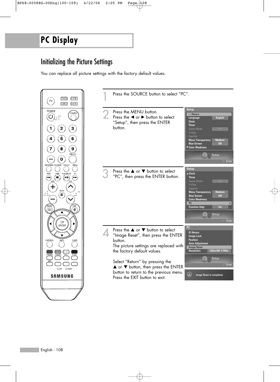 Initializing the picture settings, Pc display | Samsung HL-S6167W User Manual | Page 108 / 116