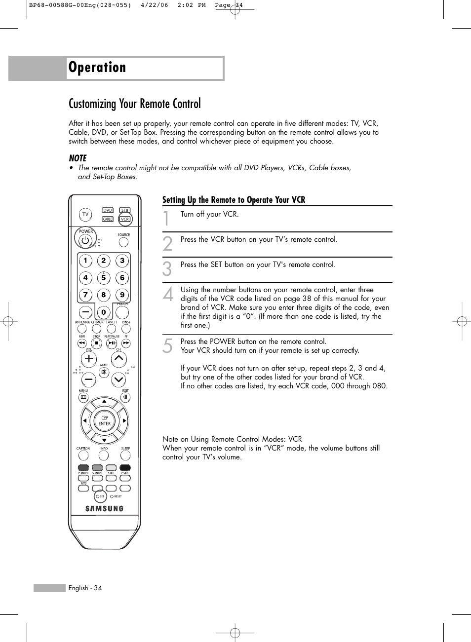 Customizing your remote control, Operation | Samsung HL-S6167W User Manual | Page 34 / 116
