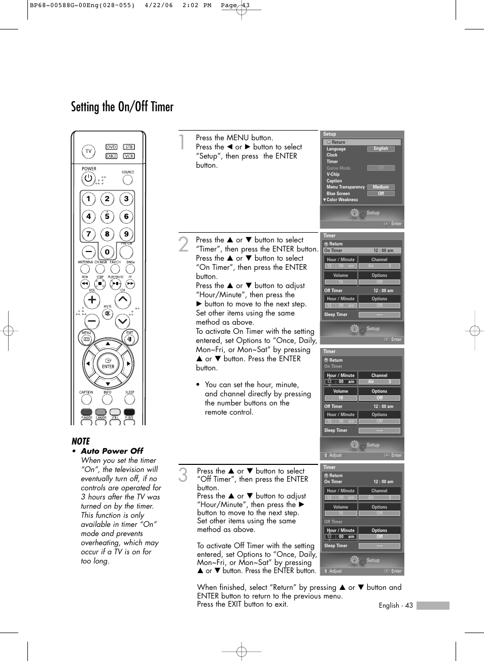 Setting the on/off timer | Samsung HL-S6167W User Manual | Page 43 / 116