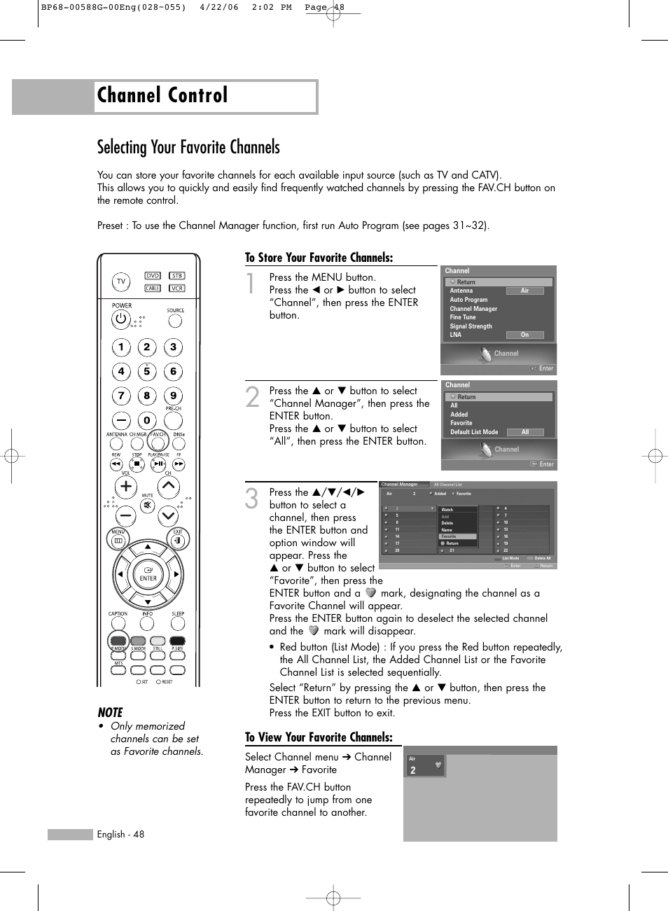 Selecting your favorite channels, Channel control | Samsung HL-S6167W User Manual | Page 48 / 116