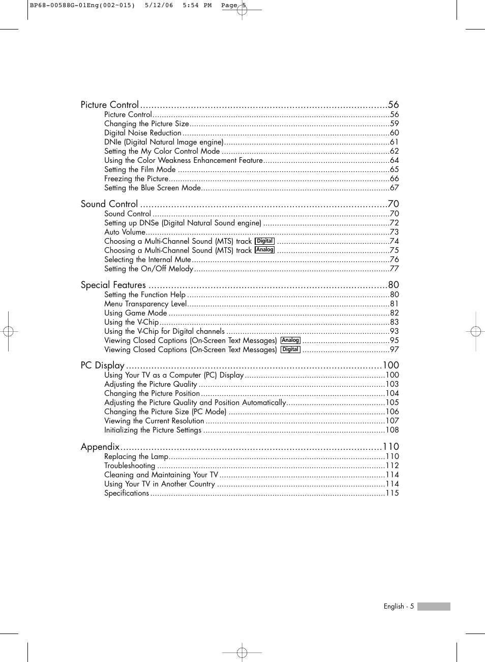 Picture control, Sound control, Special features | Pc display, Appendix | Samsung HL-S6167W User Manual | Page 5 / 116