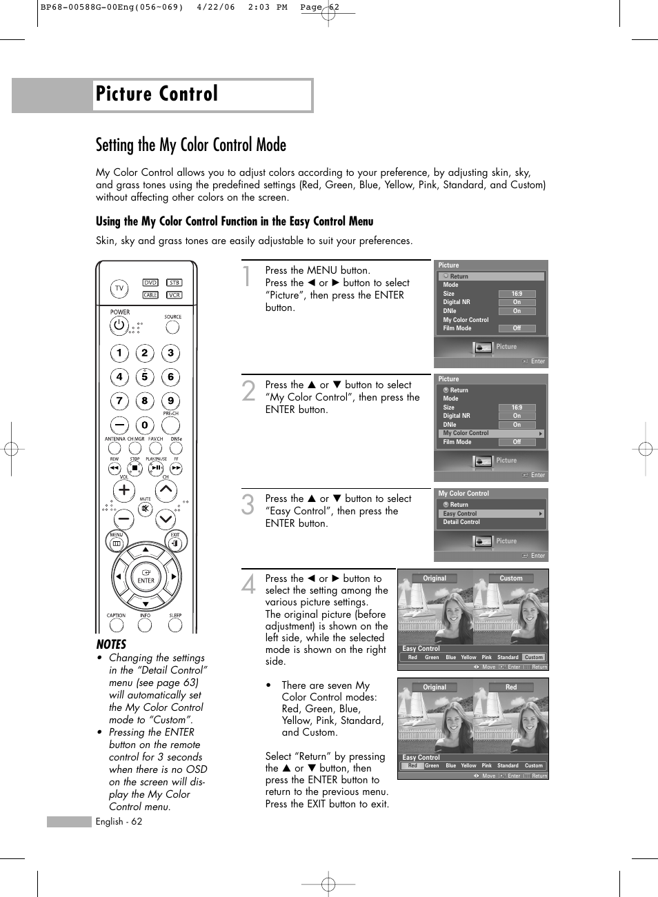 Setting the my color control mode, Picture control | Samsung HL-S6167W User Manual | Page 62 / 116