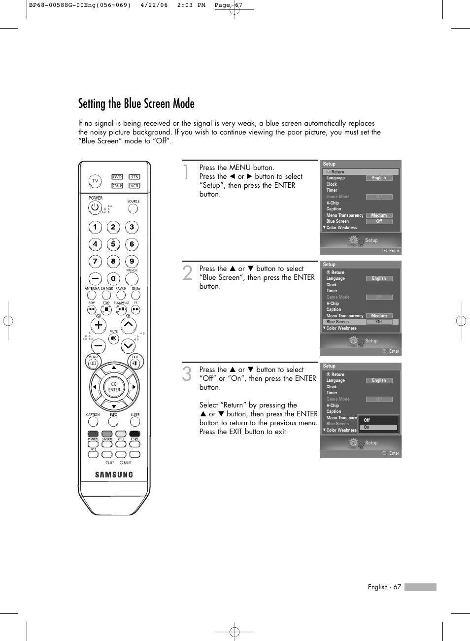 Setting the blue screen mode | Samsung HL-S6167W User Manual | Page 67 / 116