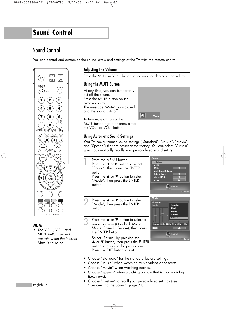 Sound control, Adjusting the volume, Using the mute button | Using automatic sound settings | Samsung HL-S6167W User Manual | Page 70 / 116