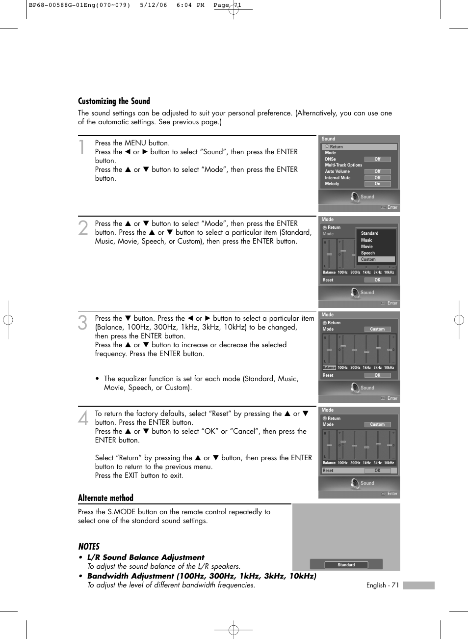 Customizing the sound, Alternate method | Samsung HL-S6167W User Manual | Page 71 / 116