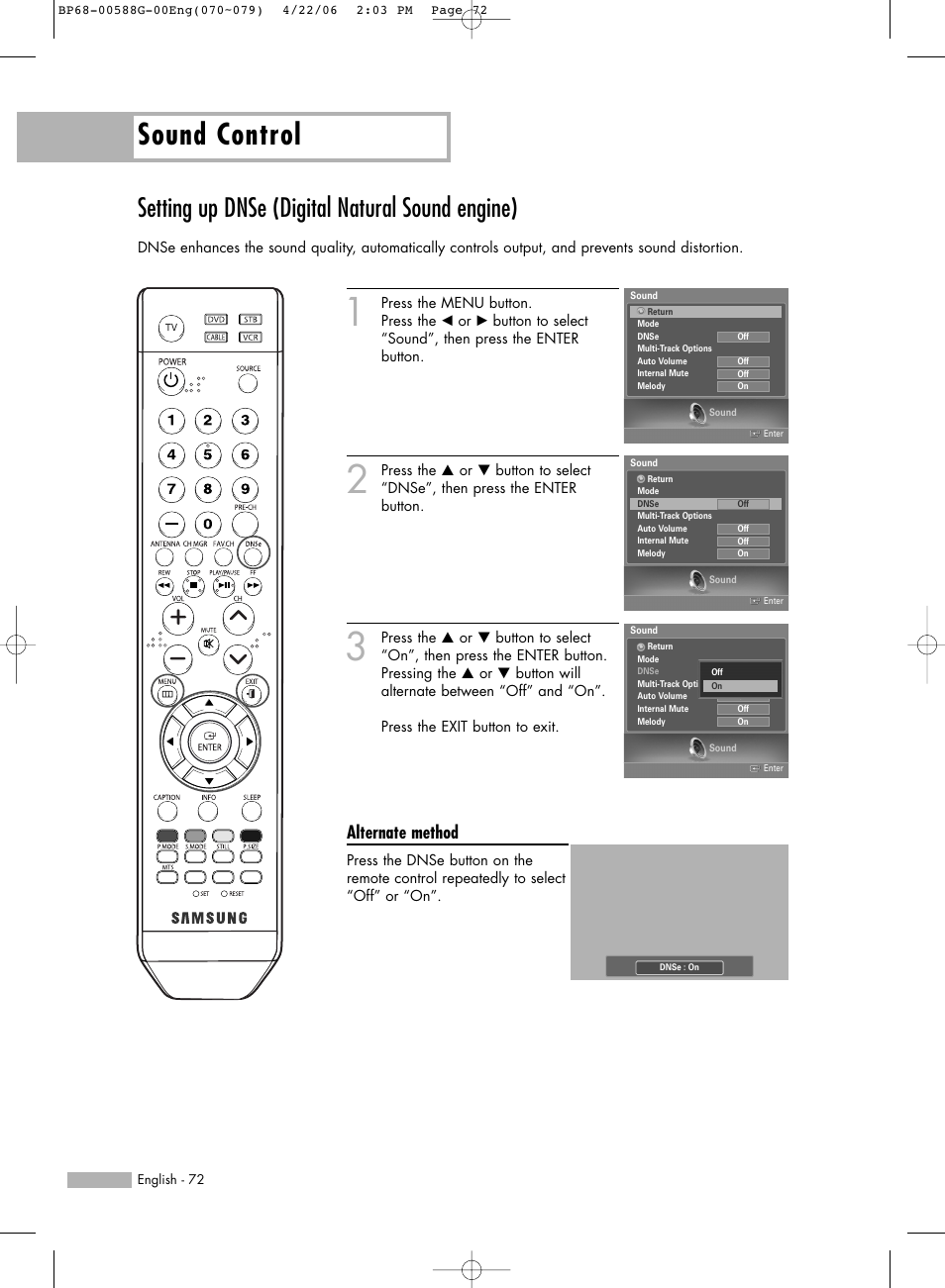 Setting up dnse (digital natural sound engine), Sound control, Alternate method | Samsung HL-S6167W User Manual | Page 72 / 116