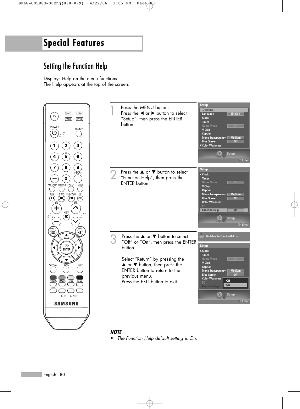 Setting the function help, Special features | Samsung HL-S6167W User Manual | Page 80 / 116