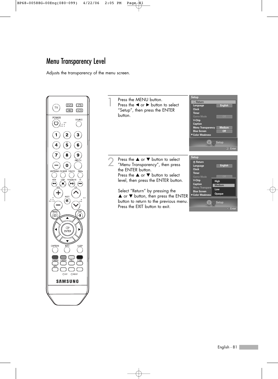 Menu transparency level | Samsung HL-S6167W User Manual | Page 81 / 116