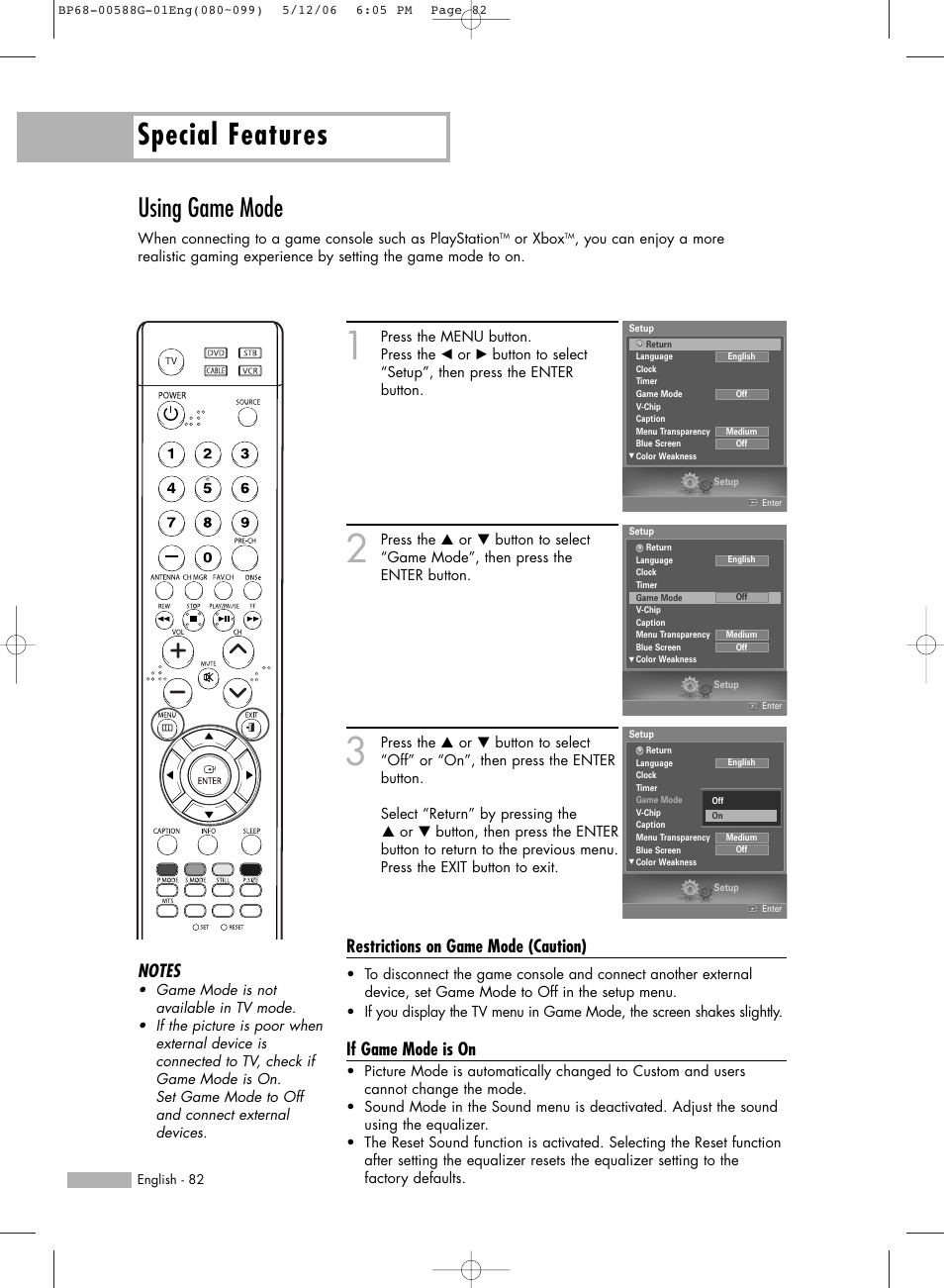 Using game mode, Special features, Restrictions on game mode (caution) | If game mode is on | Samsung HL-S6167W User Manual | Page 82 / 116