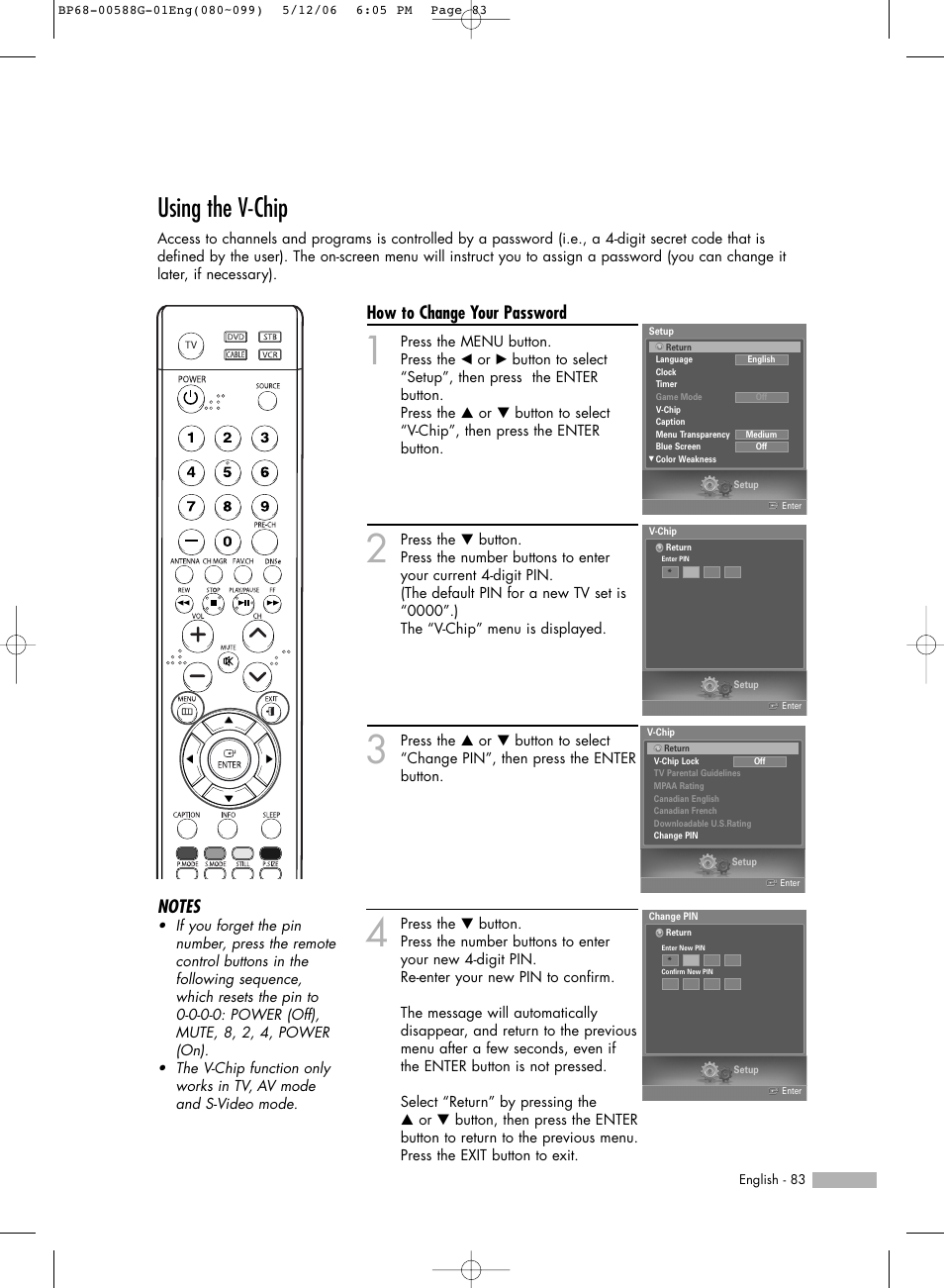 Using the v-chip, How to change your password | Samsung HL-S6167W User Manual | Page 83 / 116