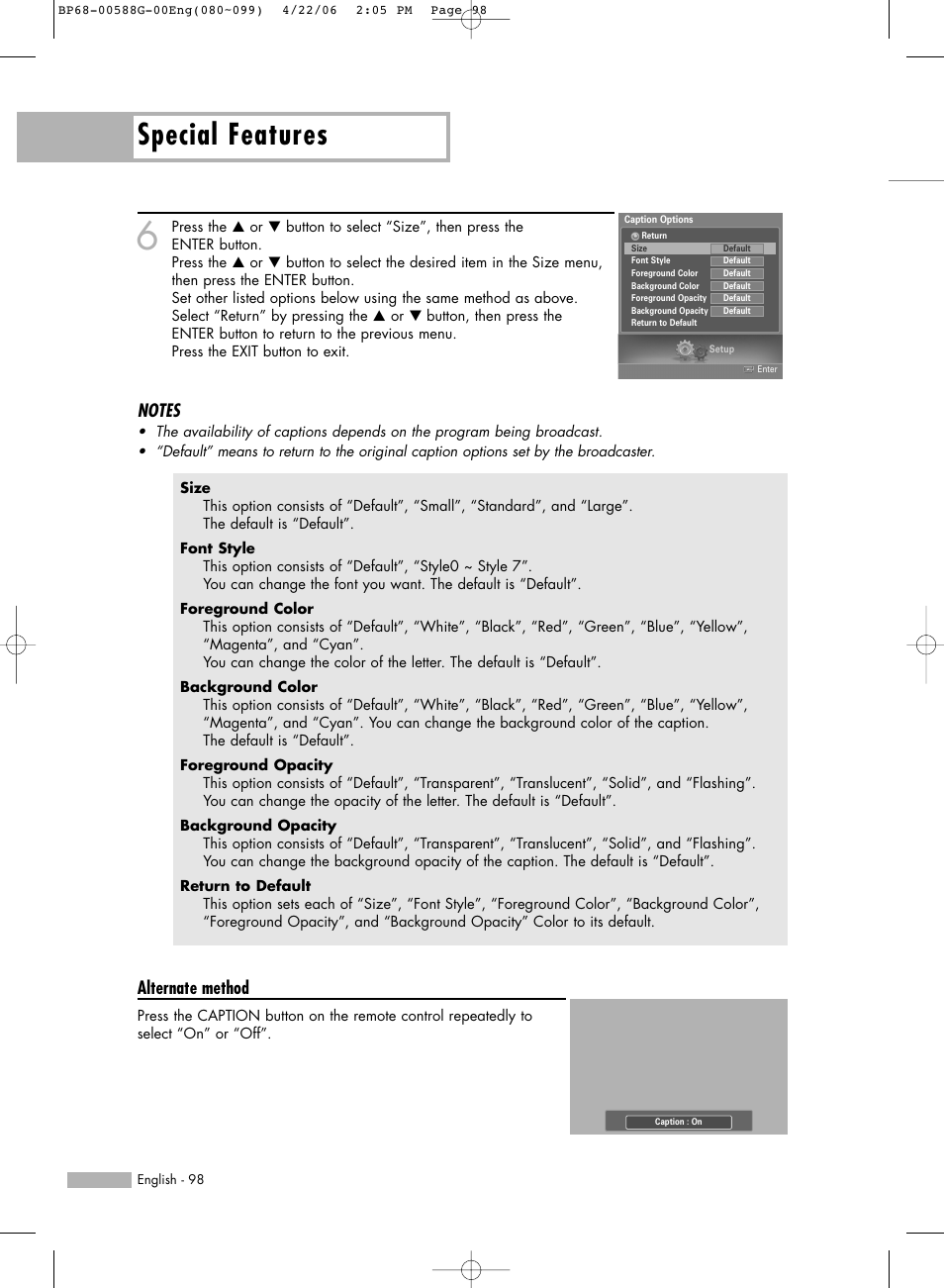 Special features, Alternate method | Samsung HL-S6167W User Manual | Page 98 / 116