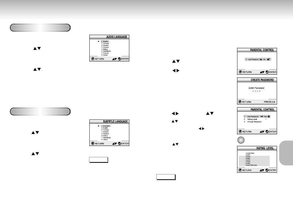 Setting up the parental control, Setting up the language features | Samsung DVD Playe User Manual | Page 19 / 24