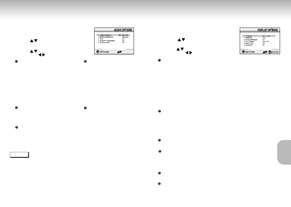 Setting up the display options, Setting up the audio options | Samsung DVD Playe User Manual | Page 20 / 24
