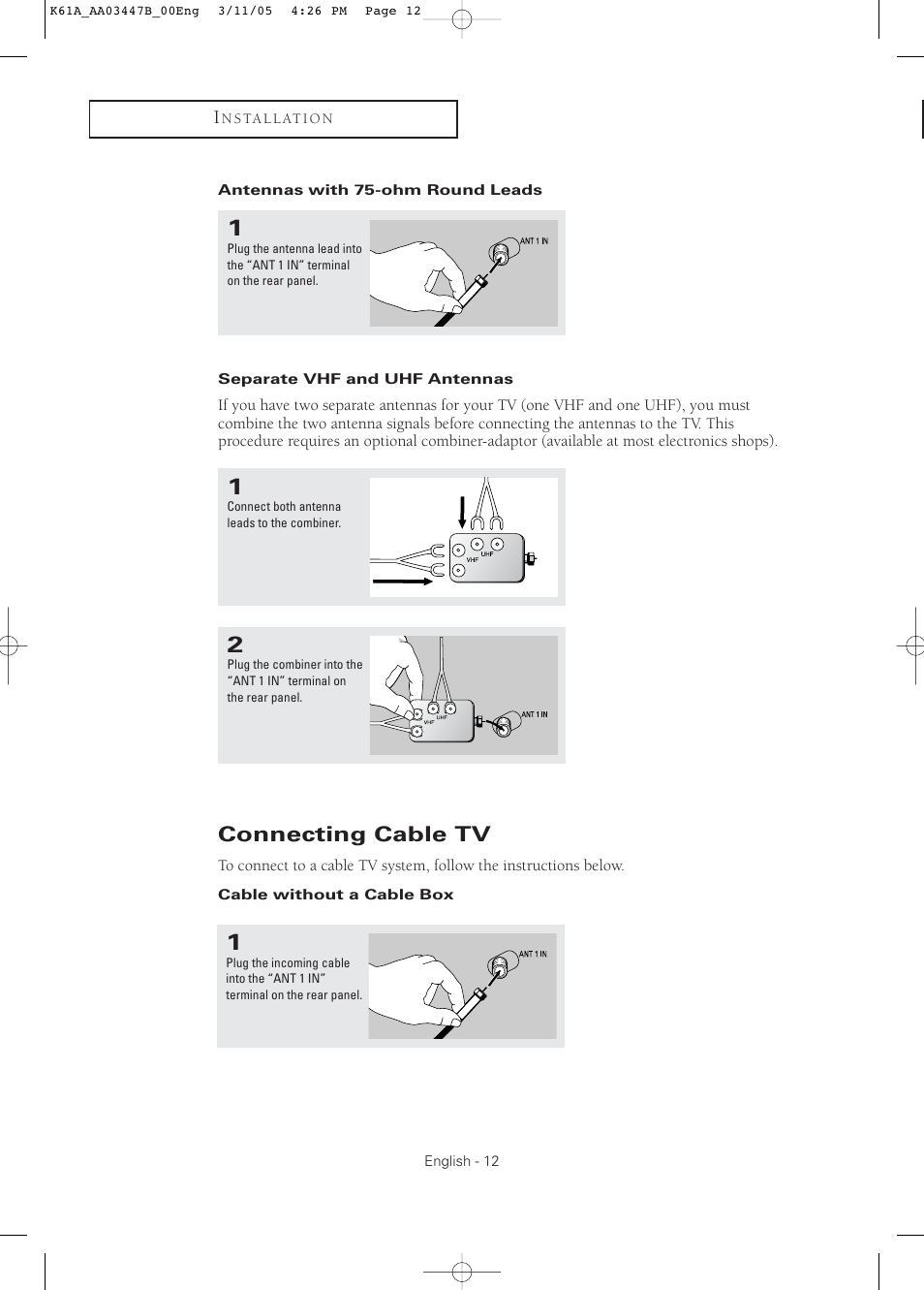 Antennas with 75-ohm round leads, Separate vhf and uhf antennas, Connecting cable tv | Cable without a cable box | Samsung DynaFlat TX R3265 User Manual | Page 12 / 68