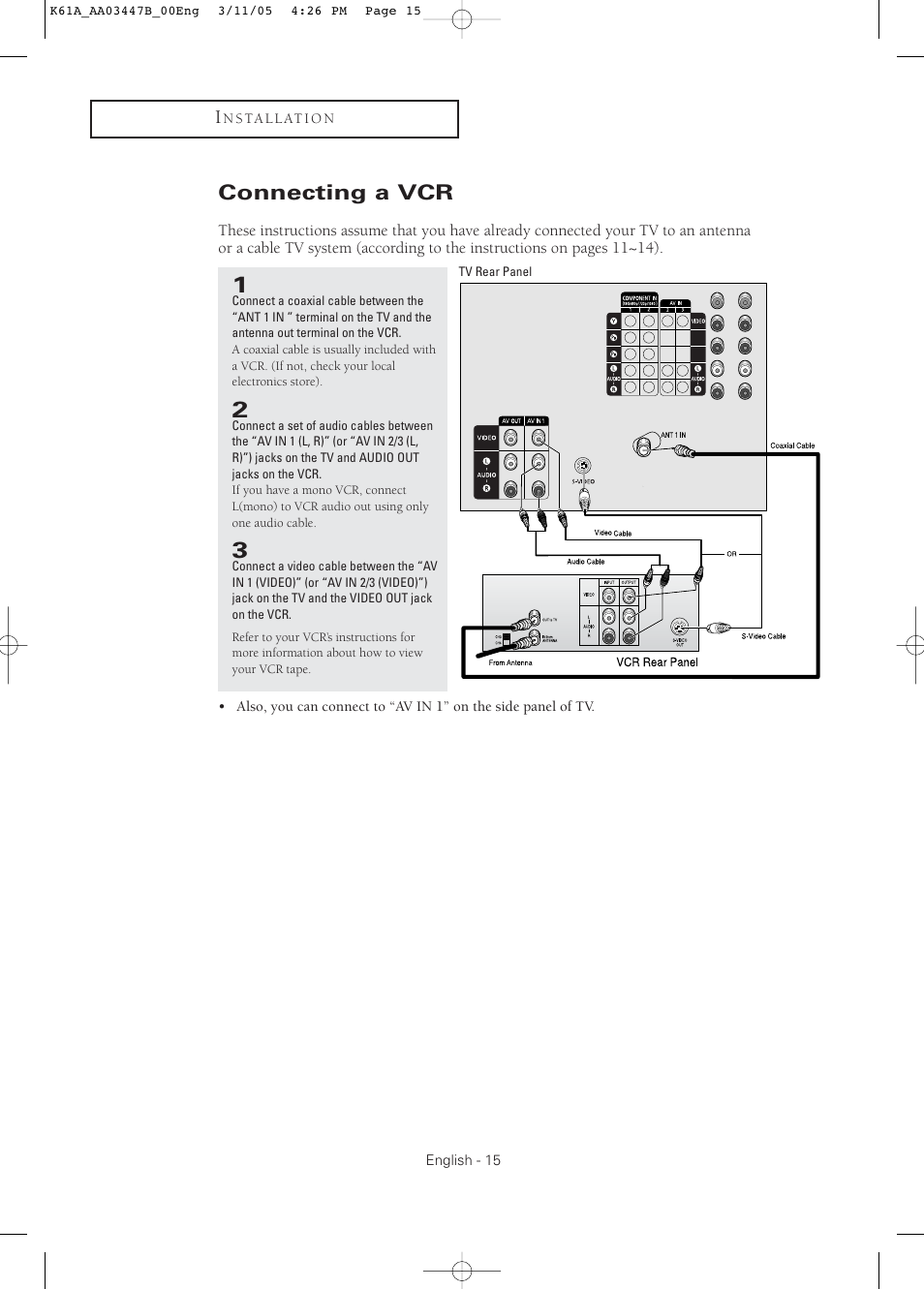 Connecting a vcr | Samsung DynaFlat TX R3265 User Manual | Page 15 / 68