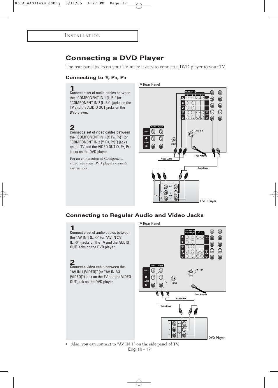 Connecting a dvd player, Connecting to y, pb, pr, Connecting to regular audio and video jacks | Samsung DynaFlat TX R3265 User Manual | Page 17 / 68