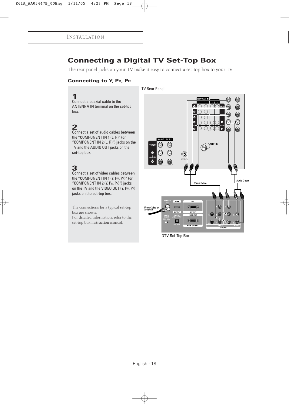 Connecting a digital tv set-top box, Connecting to y, pb, pr | Samsung DynaFlat TX R3265 User Manual | Page 18 / 68