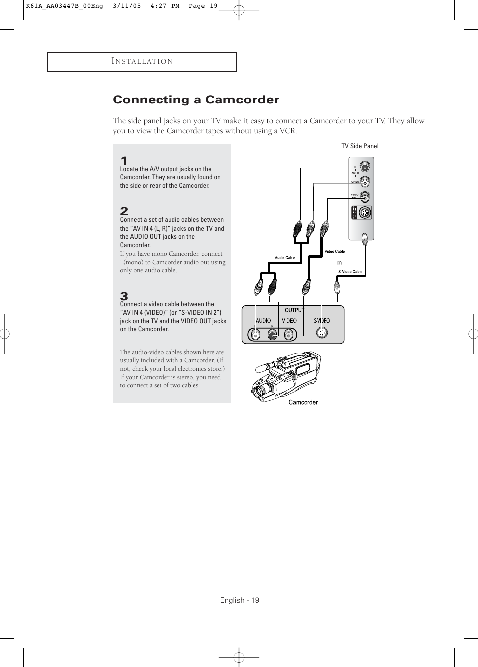 Connecting a camcorder | Samsung DynaFlat TX R3265 User Manual | Page 19 / 68