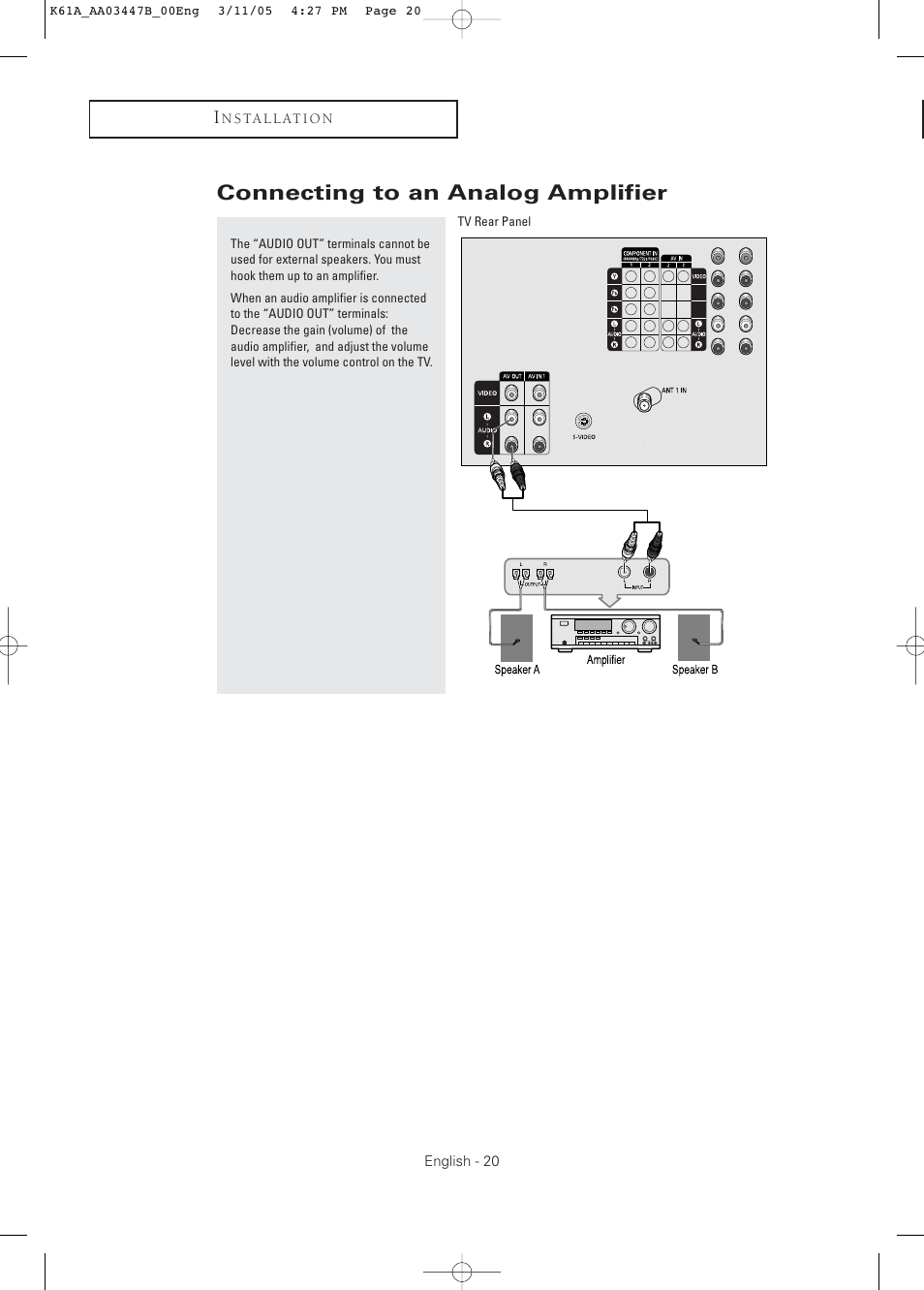 Connecting to an analog amplifier | Samsung DynaFlat TX R3265 User Manual | Page 20 / 68