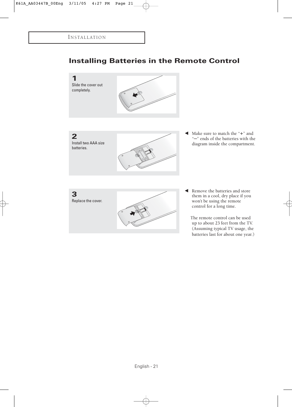 Installing batteries in the remote control | Samsung DynaFlat TX R3265 User Manual | Page 21 / 68