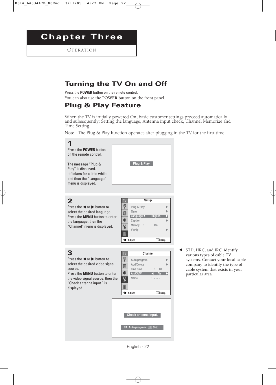 Chapter 3: operation, Turning the tv on and off, Plug & play feature | Samsung DynaFlat TX R3265 User Manual | Page 22 / 68