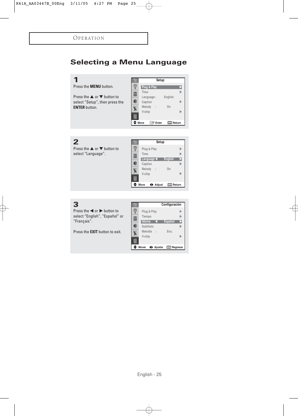 Selecting a menu language | Samsung DynaFlat TX R3265 User Manual | Page 25 / 68