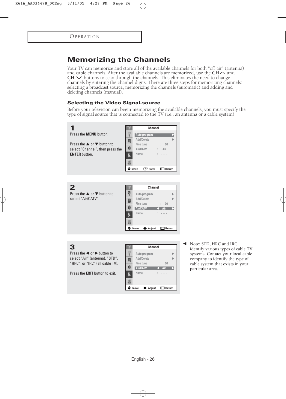 Memorizing the channels, Selecting the video signal-source | Samsung DynaFlat TX R3265 User Manual | Page 26 / 68