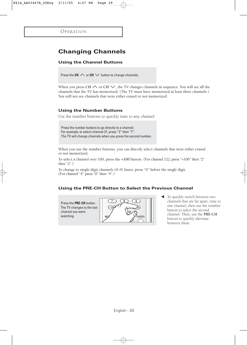 Changing channels, Using the channel buttons, Using the number buttons | Samsung DynaFlat TX R3265 User Manual | Page 29 / 68