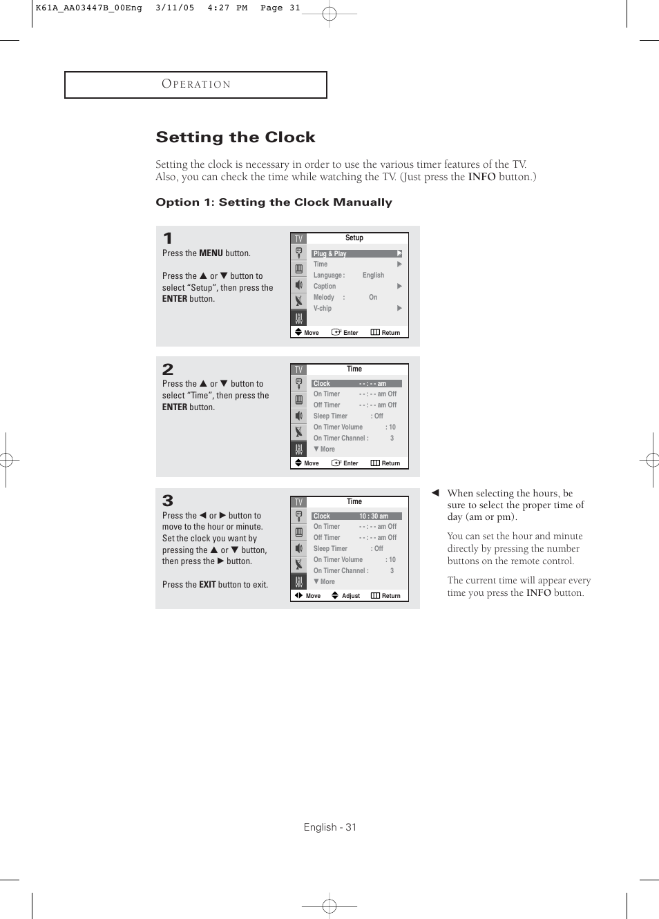 Setting the clock, Option 1: setting the clock manually | Samsung DynaFlat TX R3265 User Manual | Page 31 / 68