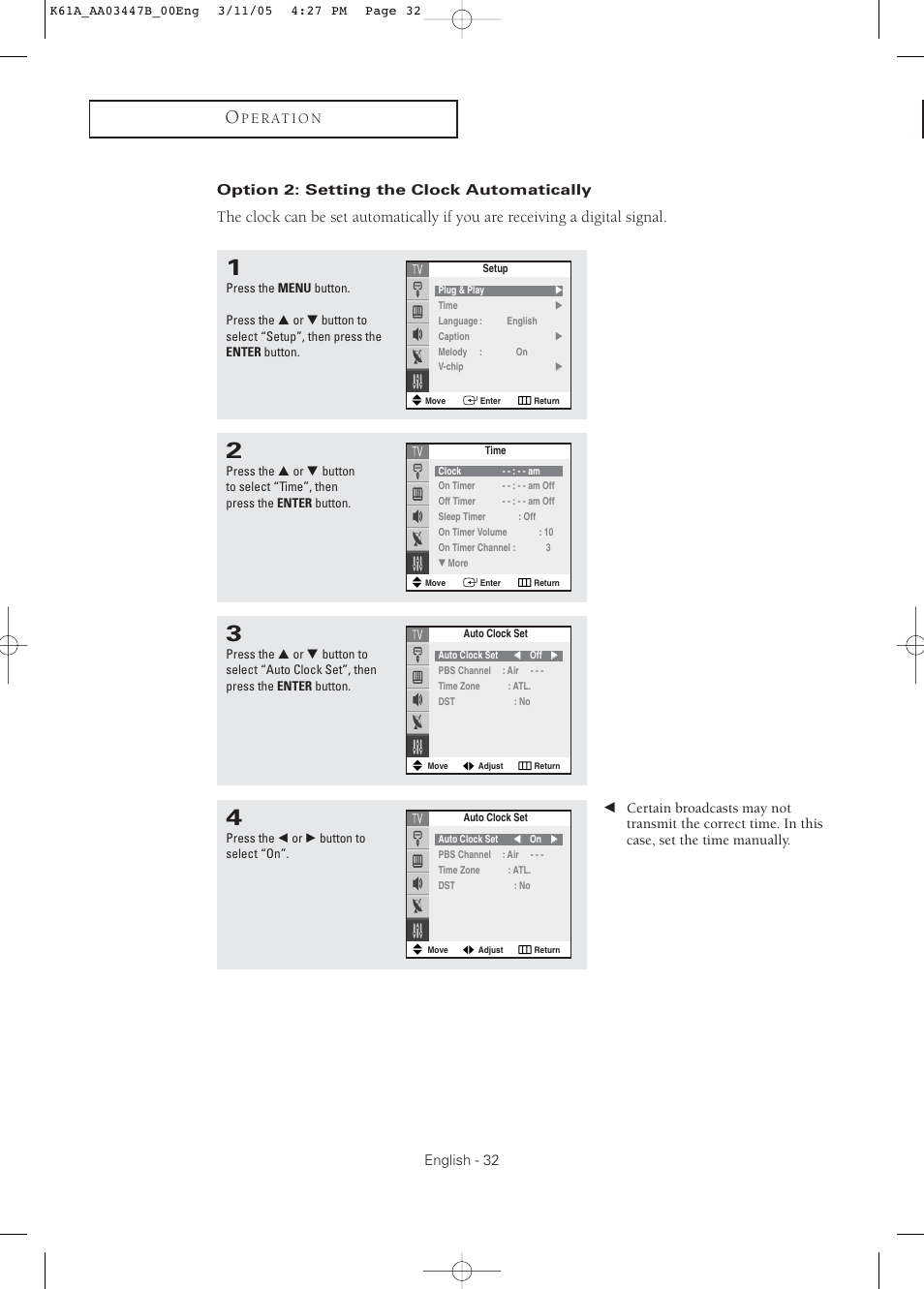 Option 2: setting the clock automatically | Samsung DynaFlat TX R3265 User Manual | Page 32 / 68