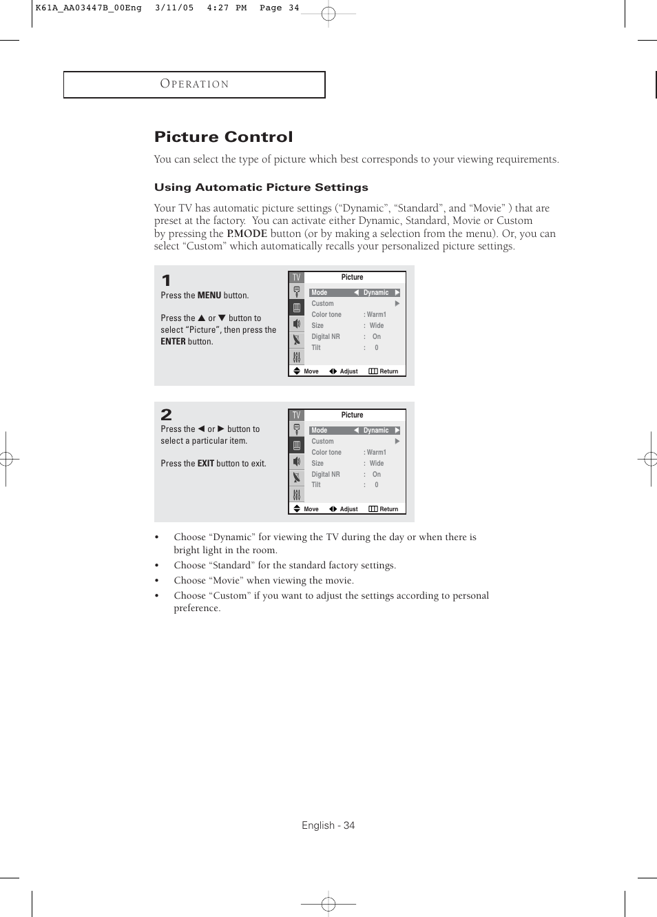 Picture control, Using automatic picture settings | Samsung DynaFlat TX R3265 User Manual | Page 34 / 68