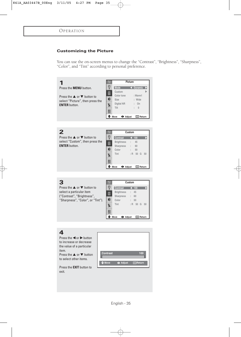 Customizing the picture | Samsung DynaFlat TX R3265 User Manual | Page 35 / 68