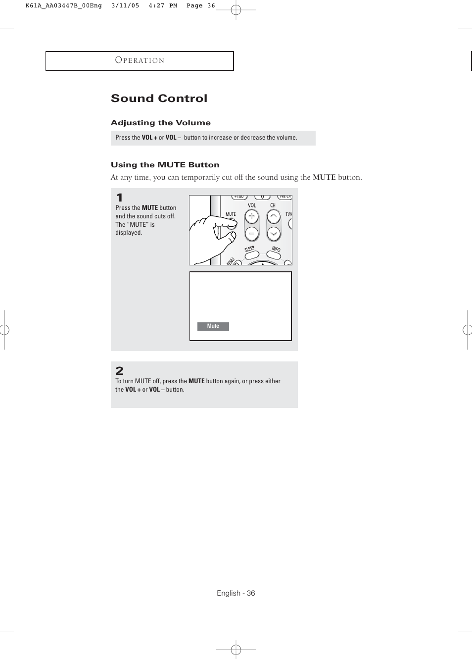 Sound control, Adjusting the volume, Using the mute button | Samsung DynaFlat TX R3265 User Manual | Page 36 / 68